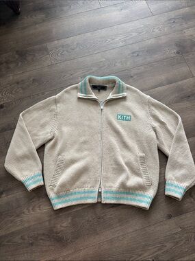 Kith Cream Zip-Up Knit Sweater with Aqua Stripe Trim
